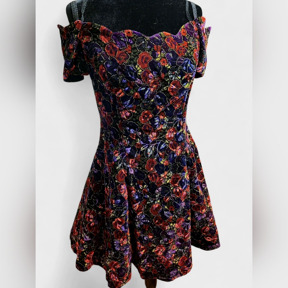 Vintage Roberta Velvet Floral Dress Off-Shoulder Bow Sleeves Party Prom 9/10